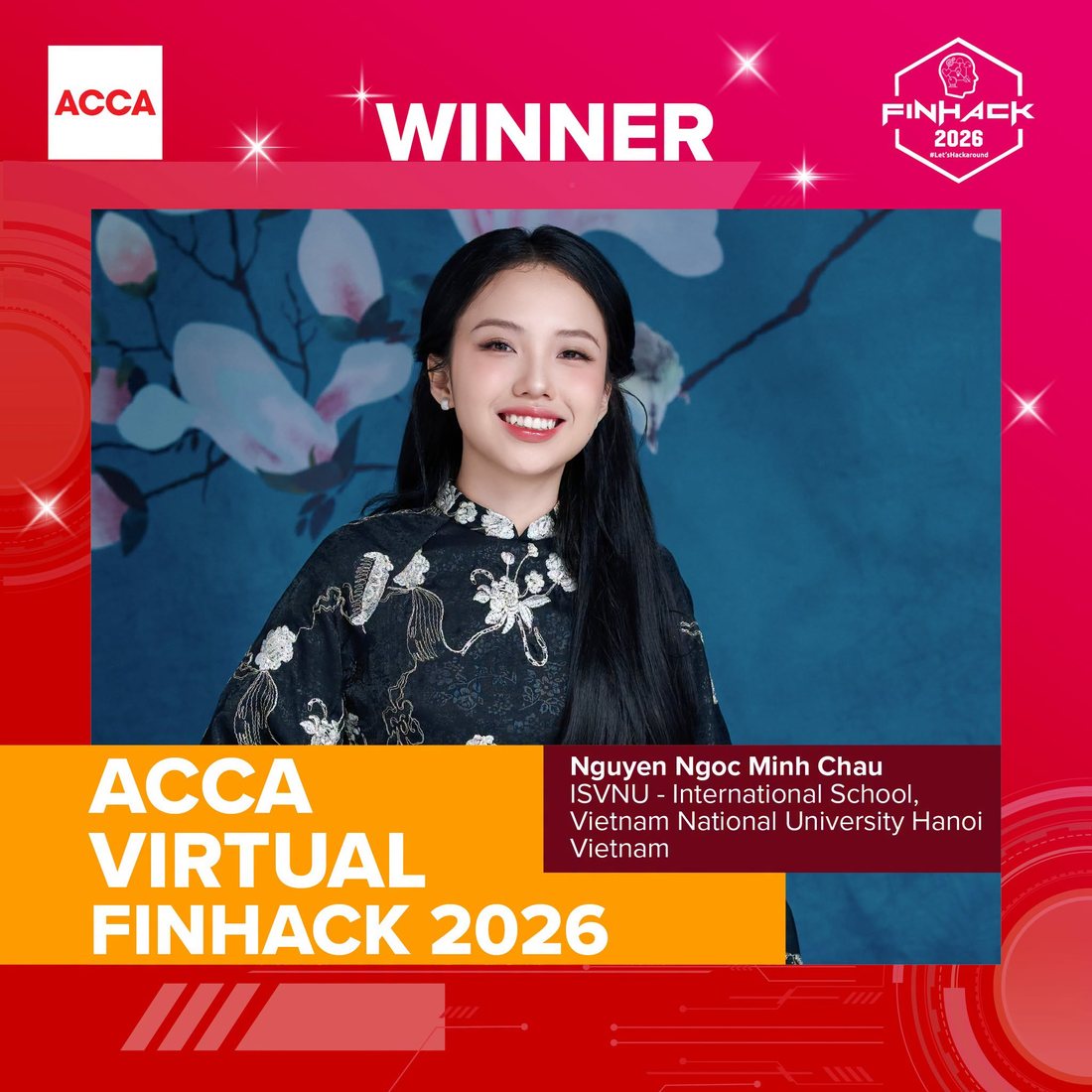 ACCA Virtual Finhack 2026 winner card naming Nguyen Ngoc Minh Chau of ISVNU, Vietnam National University Hanoi